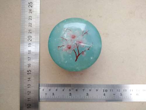 Vintage! Italian - Round Floral Alabaster Marble Trinket Box - Aqua