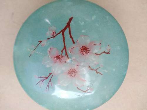 Vintage! Italian - Round Floral Alabaster Marble Trinket Box - Aqua