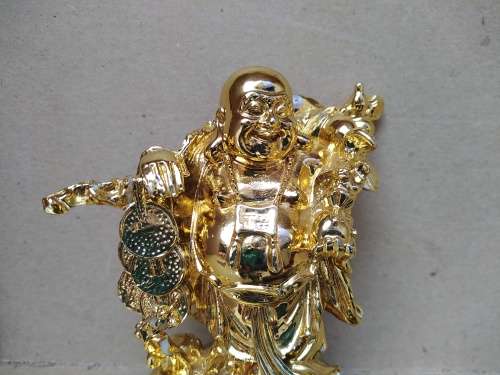Chinese -Feng Shui - Standing Laughing Hotei Golden Buddha With Coins