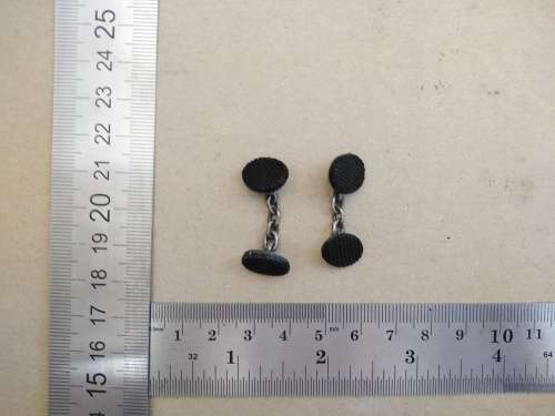 Vintage! Silver Metal Cain - Guilloché Black Onyx Face - Oval Shaped - Cufflinks
