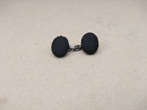 Vintage! Silver Metal Cain - Guilloché Black Onyx Face - Oval Shaped - Cufflinks