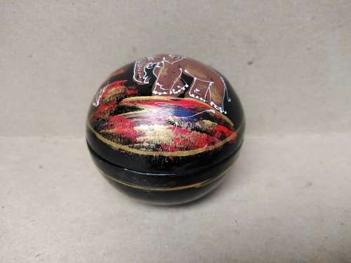 Vintage! Thailand - Small Round Black Lacquer - Hand Painted Elephant - Trinket Box