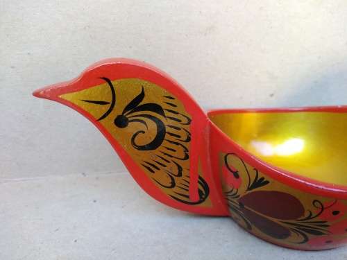 Vintage! Russian - Khokhloma Lacquered - Bird-Shaped - Salt Cellar