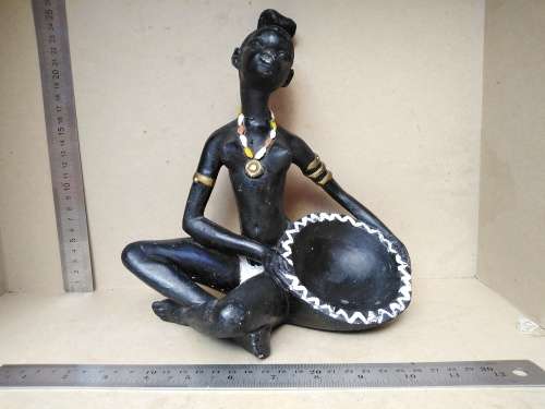 Africana! Hand Painted - Plaster Sculpture - African Woman Holding Pot (Repaired)