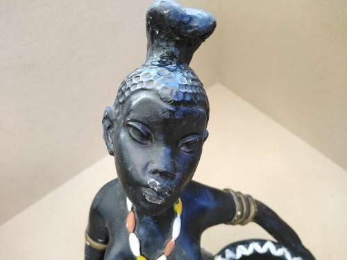 Africana! Hand Painted - Plaster Sculpture - African Woman Holding Pot (Repaired)