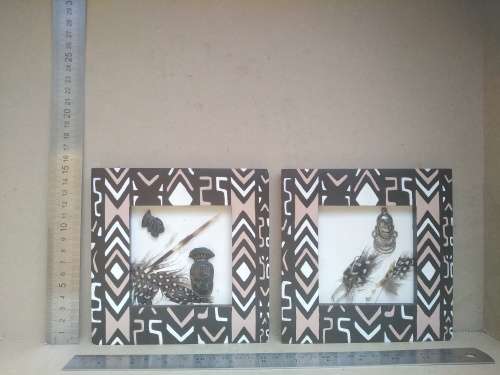 Africana! Pair Of Shadow Box Frames - Guinea Fowl Feathers / Porcupine Quill - Wall Hanging Decor