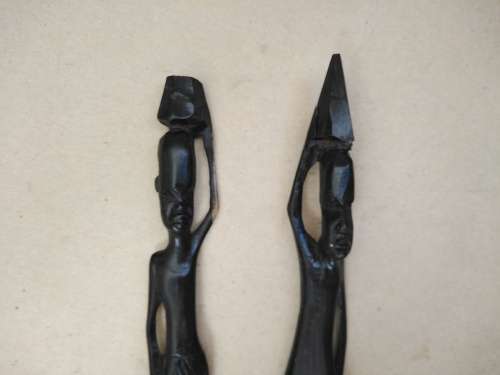 Vintage! Malawi - Ebony Wood Carvings - Pair Of Skinny Tribesman
