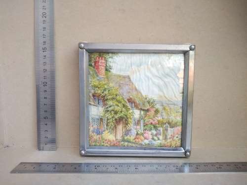 Vintage! Mid Century - ZIMCO - Serving Tray With Bakelite Ball Feet - Cottage Scene