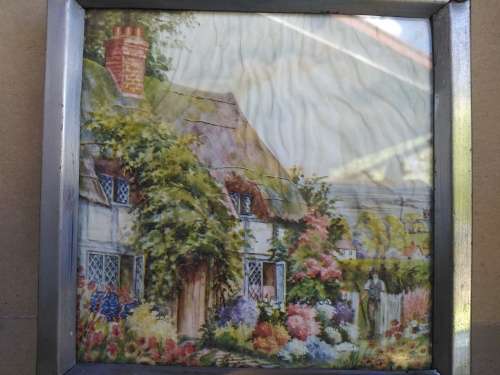 Vintage! Mid Century - ZIMCO - Serving Tray With Bakelite Ball Feet - Cottage Scene