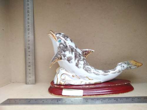 Vintage! Porcelain - Dolphin On Wood Base - Gold Gilt (Broken Fins)
