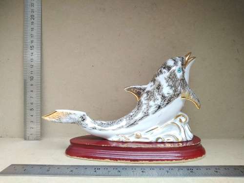 Vintage! Porcelain - Dolphin On Wood Base - Gold Gilt (Broken Fins)