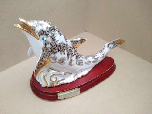 Vintage! Porcelain - Dolphin On Wood Base - Gold Gilt (Broken Fins)