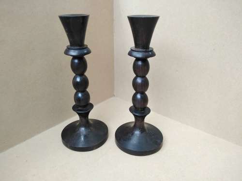 Vintage! - Ebony - Pair Of Wooden Candlestick Holders