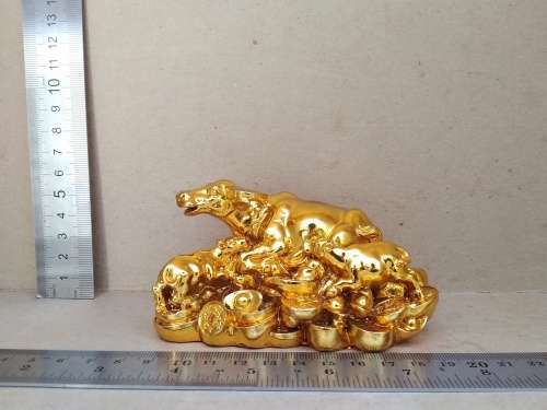 Feng Shui - Golden Wish Cow / Ox With Calves - On Lucky Coins And Ingots