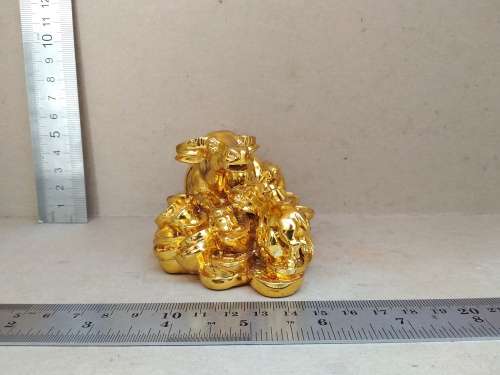 Feng Shui - Golden Wish Cow / Ox With Calves - On Lucky Coins And Ingots