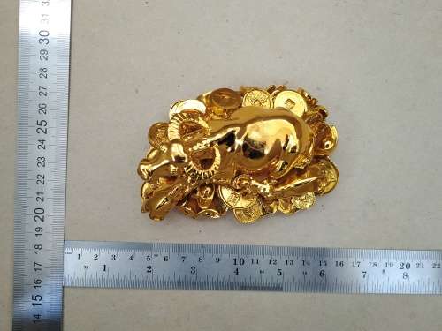 Feng Shui - Golden Wish Cow / Ox With Calves - On Lucky Coins And Ingots