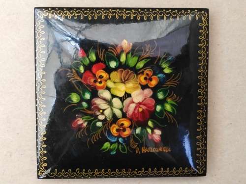 Vintage! Russian Fedoskino Black Lacquered Trinket Box
