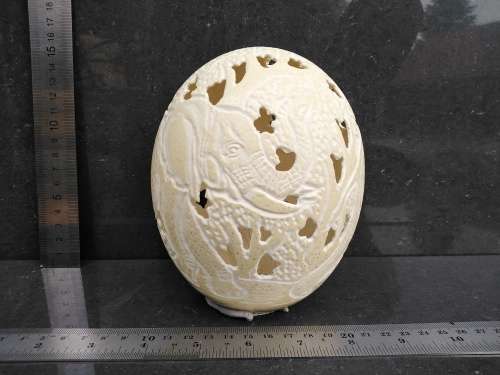 Africana! Hand Carved Ostrich Egg Tea Light Candle Holder - Elephants
