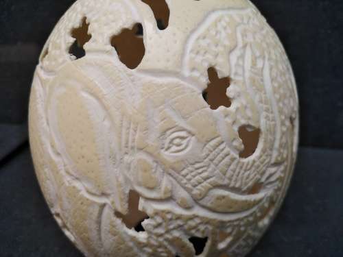 Africana! Hand Carved Ostrich Egg Tea Light Candle Holder - Elephants