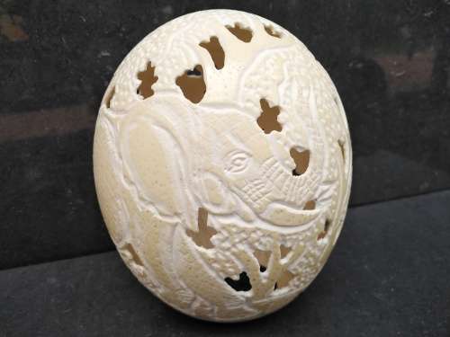 Africana! Hand Carved Ostrich Egg Tea Light Candle Holder - Elephants