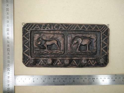 AFRICANA - Key Holder Wall Hanging - Hand Carved - Lion and Elephant
