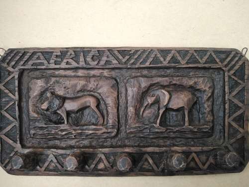 AFRICANA - Key Holder Wall Hanging - Hand Carved - Lion and Elephant