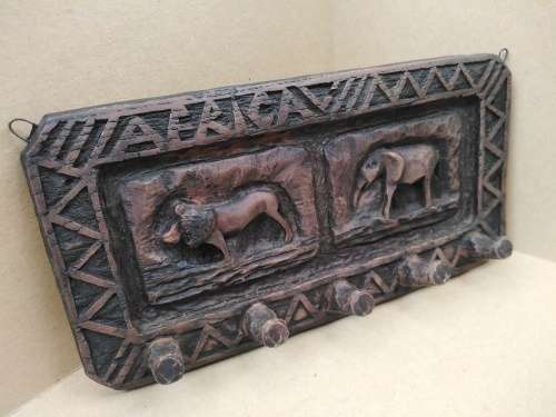 AFRICANA - Key Holder Wall Hanging - Hand Carved - Lion and Elephant