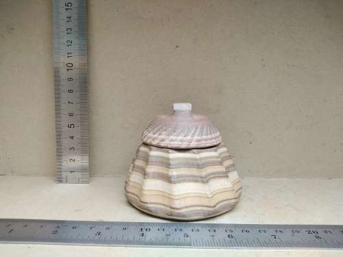 Vintage! Banded Ironstone - Hand Carved - Round Scalloped - Lidded Trinket Box