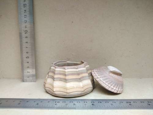 Vintage! Banded Ironstone - Hand Carved - Round Scalloped - Lidded Trinket Box