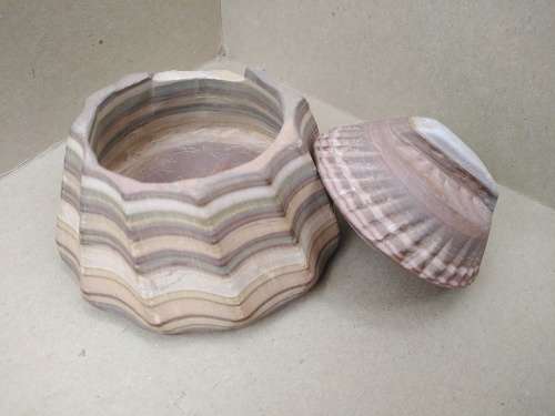Vintage! Banded Ironstone - Hand Carved - Round Scalloped - Lidded Trinket Box