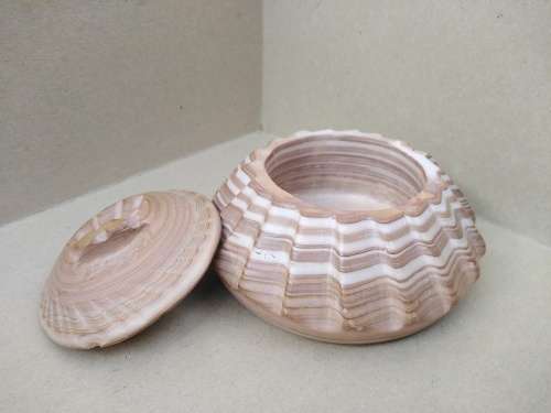 Vintage! Banded Ironstone - Hand Carved - Round Scalloped - Lidded Trinket Box