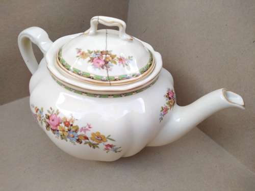 Vintage! England - JOHNSON BROS - Victorian - Porcelain Teapot With Floral Design - (Repaired Lid)