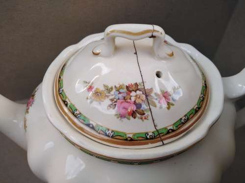 Vintage! England - JOHNSON BROS - Victorian - Porcelain Teapot With Floral Design - (Repaired Lid)