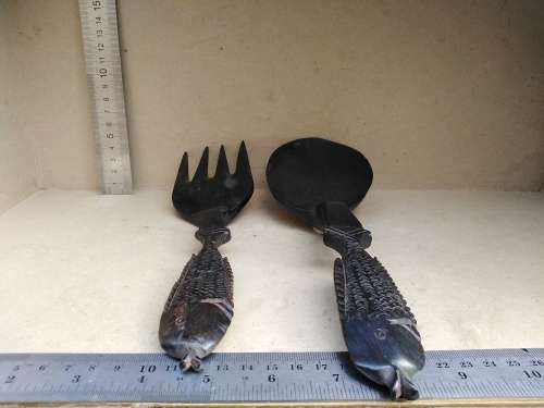 Africana! - Ebony - Set Of Wooden Salad Servers - Fish Handles