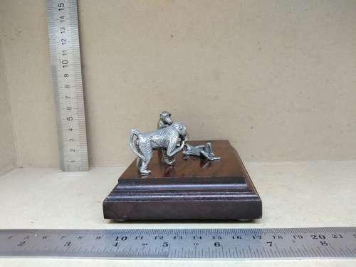 Vintage! Silver Metal Baboon Family Statuettes On Walnut? Wooden Base