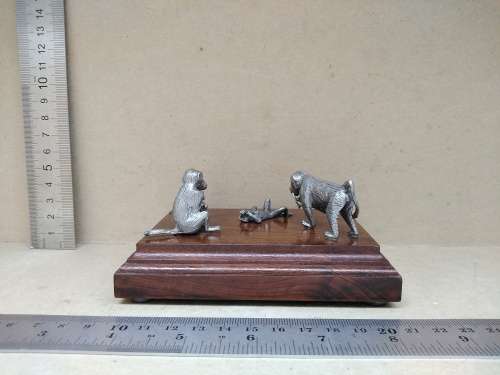 Vintage! Silver Metal Baboon Family Statuettes On Walnut? Wooden Base