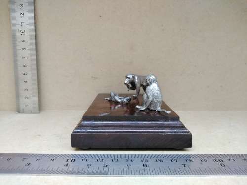 Vintage! Silver Metal Baboon Family Statuettes On Walnut? Wooden Base