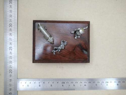 Vintage! Silver Metal Baboon Family Statuettes On Walnut? Wooden Base
