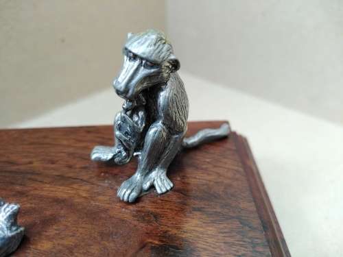 Vintage! Silver Metal Baboon Family Statuettes On Walnut? Wooden Base