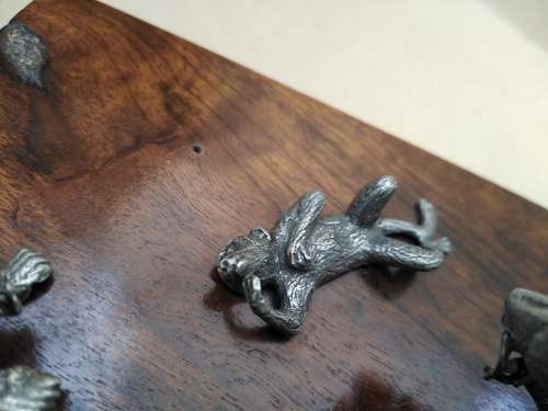 Vintage! Silver Metal Baboon Family Statuettes On Walnut? Wooden Base