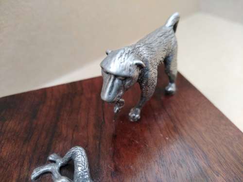 Vintage! Silver Metal Baboon Family Statuettes On Walnut? Wooden Base