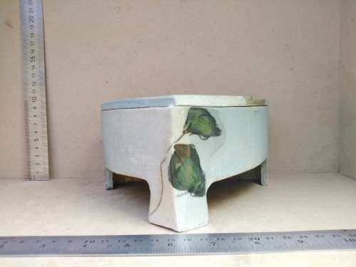 Vintage! EM - Studio Pottery - Hand Painted - Partially Glazed - Triangular Trinket/Jewelry Box
