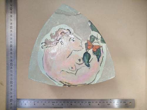 Vintage! EM - Studio Pottery - Hand Painted - Partially Glazed - Triangular Trinket/Jewelry Box