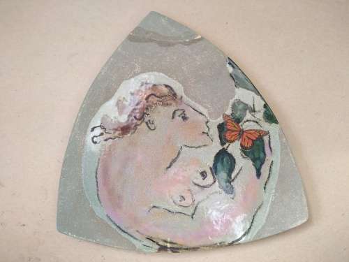 Vintage! EM - Studio Pottery - Hand Painted - Partially Glazed - Triangular Trinket/Jewelry Box