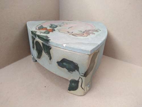Vintage! EM - Studio Pottery - Hand Painted - Partially Glazed - Triangular Trinket/Jewelry Box