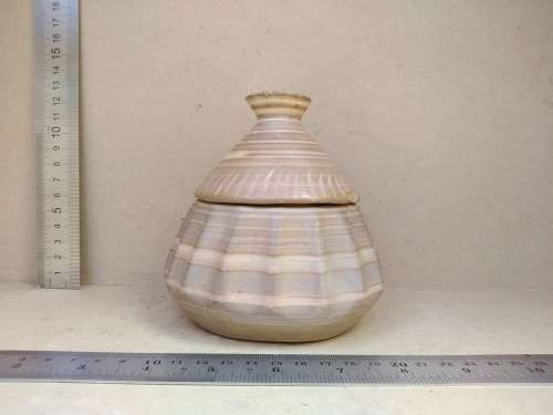Vintage! Banded Ironstone - Hand Carved - Large Round Scalloped - Lidded Trinket Box