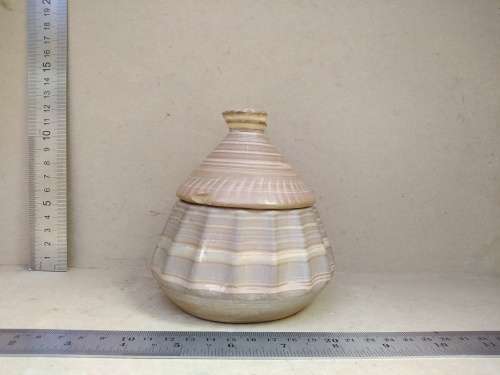 Vintage! Banded Ironstone - Hand Carved - Large Round Scalloped - Lidded Trinket Box