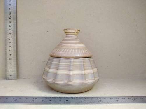 Vintage! Banded Ironstone - Hand Carved - Large Round Scalloped - Lidded Trinket Box