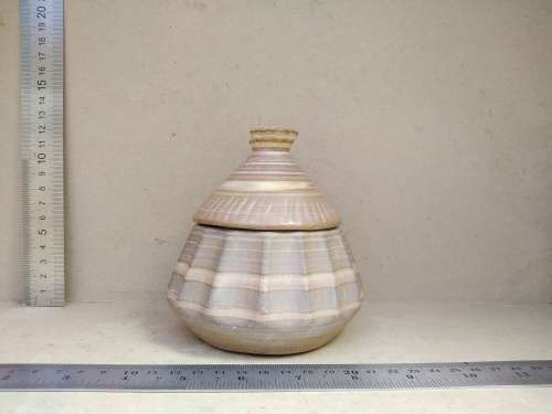 Vintage! Banded Ironstone - Hand Carved - Large Round Scalloped - Lidded Trinket Box