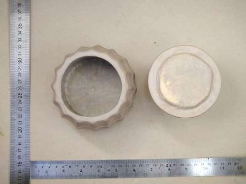 Vintage! Banded Ironstone - Hand Carved - Large Round Scalloped - Lidded Trinket Box
